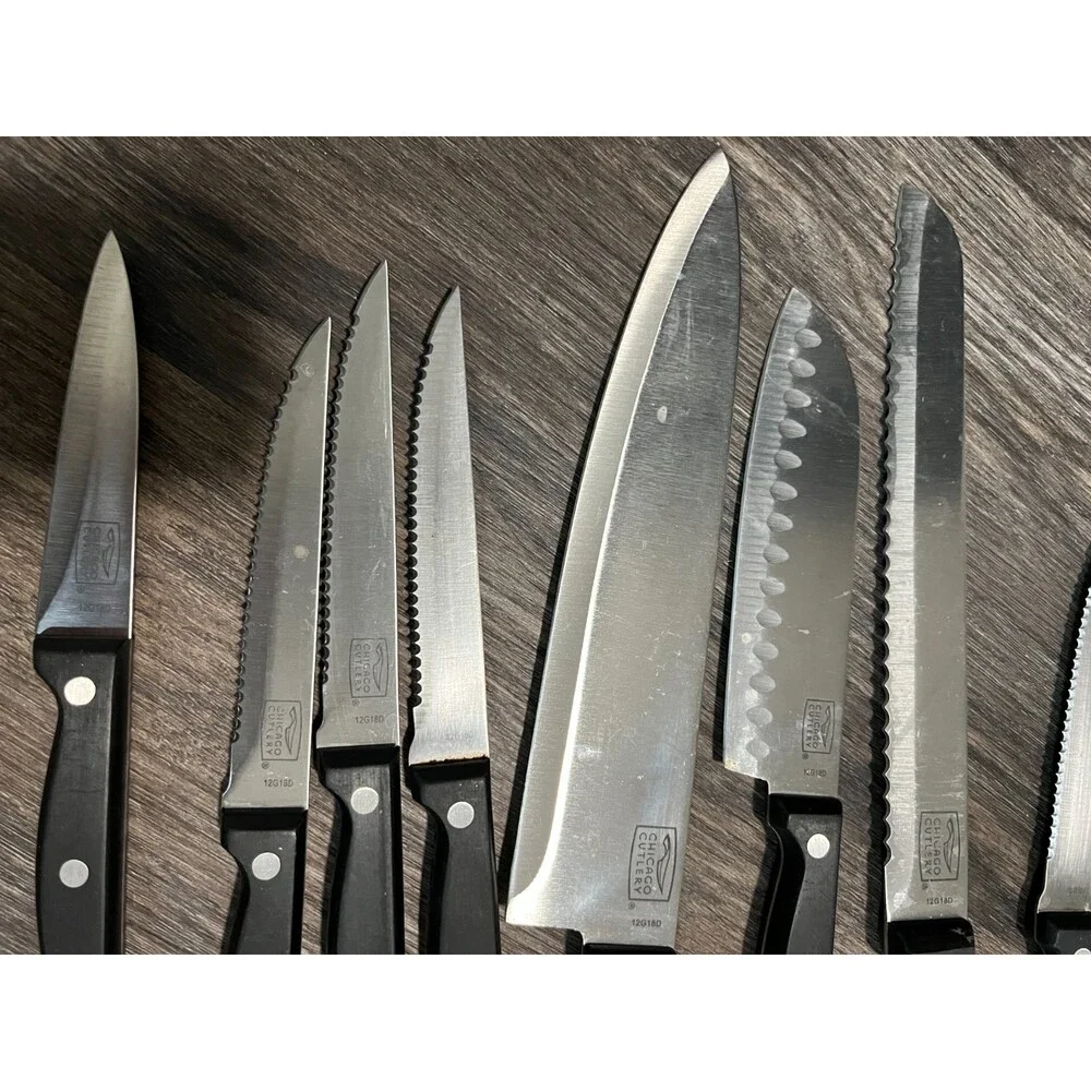 Chicago Cutlery Steak Knife Lot Of 9  USA Black Handle Serrated Sharp Very Nice